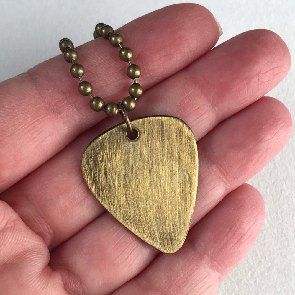 Antique Brass Guitar Pick Necklace- 24 Inch Chain - Picture 2 of 4